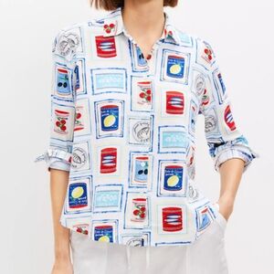 LOFT Can Print Linen Blend Relaxed Button Down Shirt Size Small